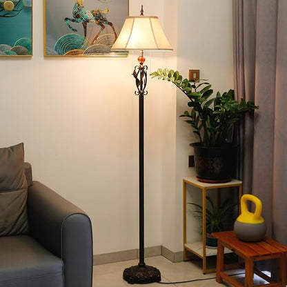 Farmhouse Mid-Century White Fabric Floor Lamp with Metal Leaf Resin Base 70 Inch Height Decor for Office Bedroom Living Room
