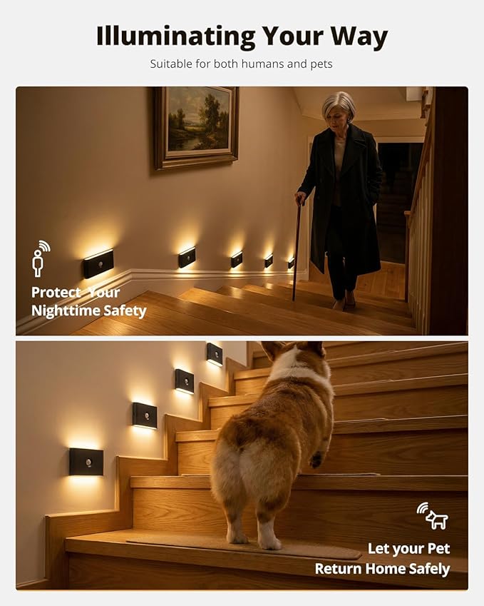 wowatt 6 Packs Rechargeable Motion Sensor Stair Light Black (Magnetic Mounting Design)(Sensor Modes Available)(Lighting Dimmable) Battery Night Lights for Stairway, Hallway, Bathroom