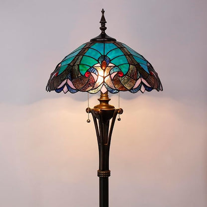 Tiffany Floor Lamp Green Liaison Stained Glass Standing Reading Light 16X16X70 Inches Antique Pole Corner Lamp Decor Bedroom Office Living Room