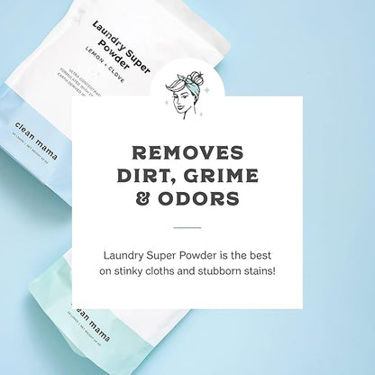Clean Mama Laundry Super Powder Detergent - Extra Strength Laundry Detergent Powder - Natural Laundry Detergent for Sensitive Skin - Enzyme Powered, Fights Stains & Odors - Lemon + Clove, 60 Loads
