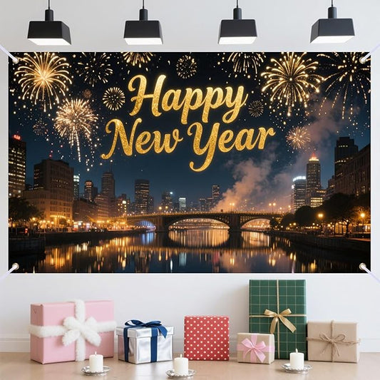 Nuxovilar Happy New Year Banner, City Night Fireworks Backdrop for Party Decorations, 71x43 Inch