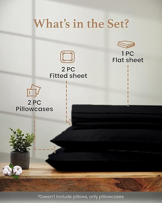 Split King Sheets Sets for Adjustable Bed Cotton, Luxury Sheets, 1000 TC Egyptian Cotton Sheets, 5 Piece 100% Cotton Split King Sheet Set, Sateen Sheets, 2 Fitted - 16" Deep Pocket, Black