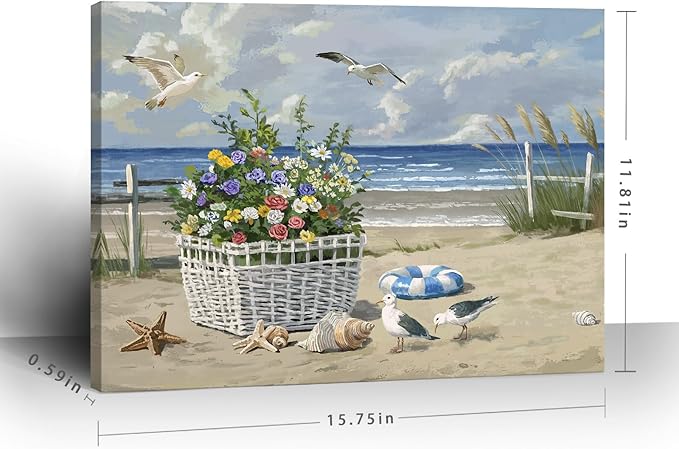 ARTZON Beach Wall Art Decor – Coastal Blue Ocean Seascape Canvas Print, Birds Seagulls Tropical Flowers Modern Landscape Picture for Bathroom or Bedroom Relaxing Summer Sea Scene Artwork 16x12 inch