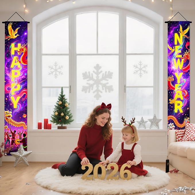 Nuxovilar Happy New Year Banner, 70.86" x 11.81" Purple Gold Fireworks Hanging Decorations for Outdoor Indoor Home Wall