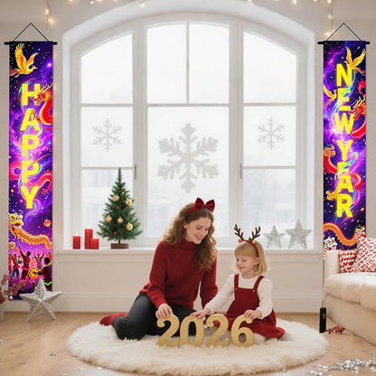Nuxovilar Happy New Year Banner, 70.86" x 11.81" Purple Gold Fireworks Hanging Decorations for Outdoor Indoor Home Wall