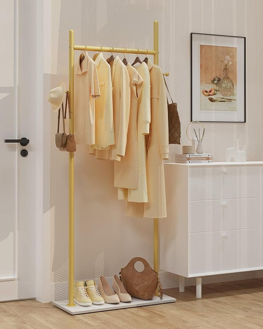 Large Metal Coat Rack Freestanding, Modern Coat Hanger Stand with 2 Hooks and Heavy Rock Slab Base, Industrial Clothing Rack, Coat Stand, 25.6 x 11.8 x 68.9 In, Golden Yellow, GYJ202LWJ