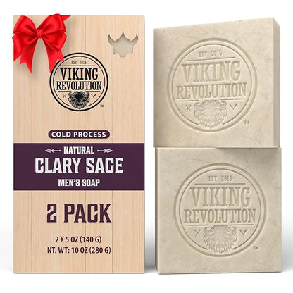 Viking Revolution Clary Sage Natural Soap for Men - Mens Soap Bar with Essential Oils Cold Pressed Bar Soap for Men - Nourishing Mens Bar Soap with Coconut Oil, Shea Oil, Almond Oil (2 Pack)