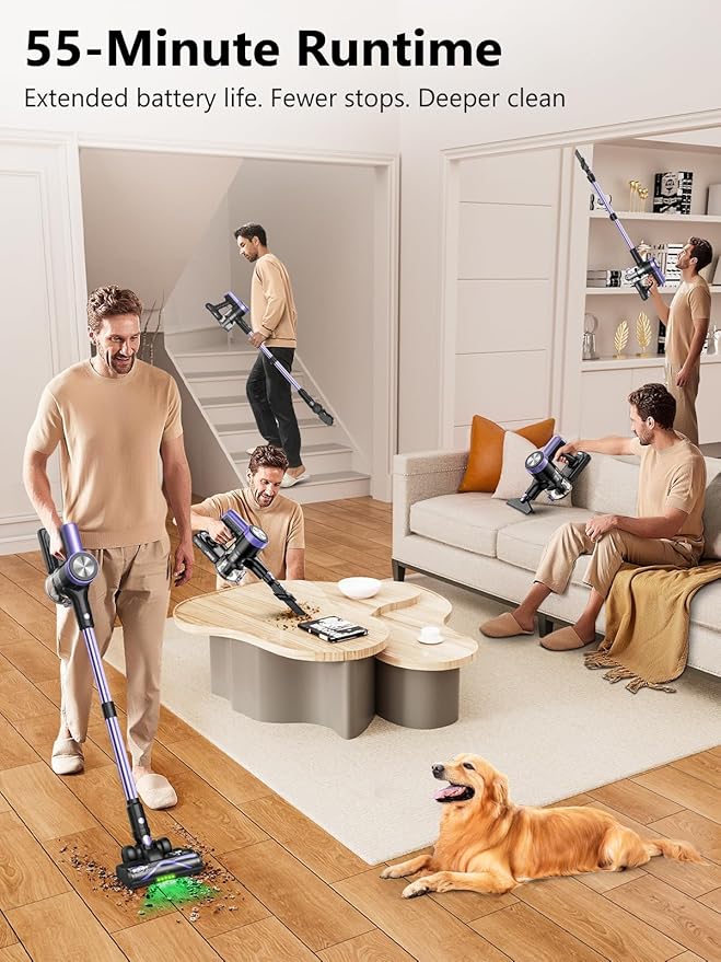 Cordless Vacuum Cleaner, 46Kpa/55 Mins Vacuum Cleaners for Home, Self-Standing Stick Vacuum with Rechargeable Dock,LED Display & Anti-Tangle,Lightweight Rechargeable Vacuum for Carpet (Violet)