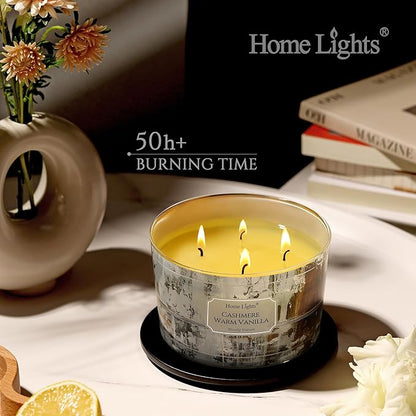 HomeLights Scented Candles for Women & Men, 18oz Candle Jars Aromatherapy 4-Wick Candle, Ideal for Industrial Chic Home Decor and Gifts, Cashmere Warm Vanilla