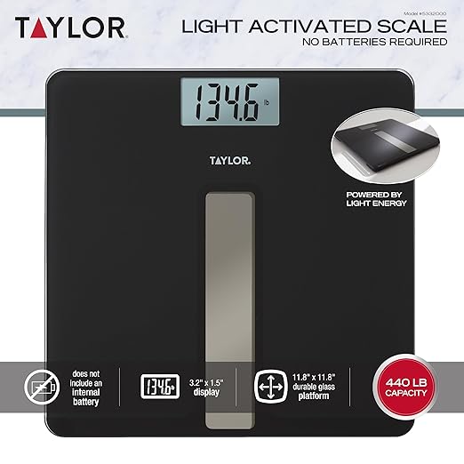 Taylor Light Powered Digital Bath Scale, Large and Durable Platform, Light Powered Panel with Endless Power, No Batteries Needed, Energy-Saving, Easy to Use, High 400 lb Capacity, Black
