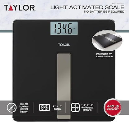 Taylor Light Powered Digital Bath Scale, Large and Durable Platform, Light Powered Panel with Endless Power, No Batteries Needed, Energy-Saving, Easy to Use, High 400 lb Capacity, Black