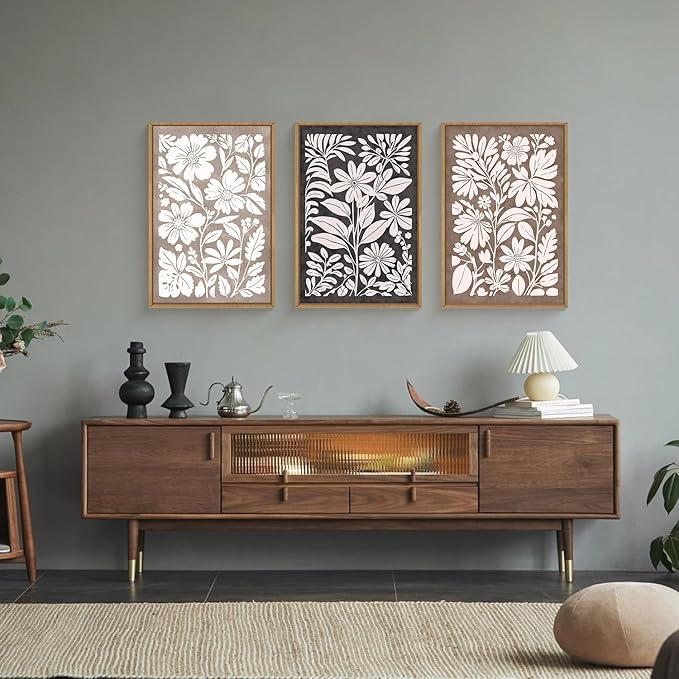 HLNIUC Black Brown Botanical Flower Wall Art Framed, Neutral Minimalist Wildflower Wall Decor set of 3 (16"x24"), Rustic Farmhouse Grey Canvas Painting, Nature Prints for Living Room, Bedroom, Office