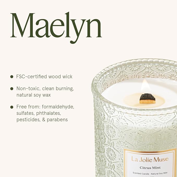 LA JOLIE MUSE Citrus Mint Scented Candles, Summer Candle, 19 oz Wood Wicked Large Candle Gifts for Men&Women, Long Burning Glass Jar Candles