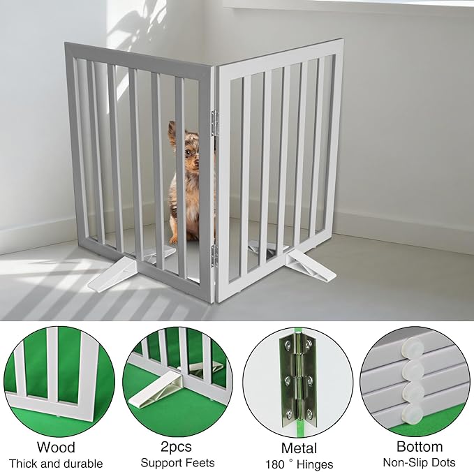 Dog Gate Indoor, Freestanding Dog Fence for The House, Doorways, Hallways,or Stairs,Pet Gate Foldable Wooden,Expandable 24" Height 2 Panels,Grey