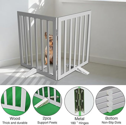 Dog Gate Indoor, Freestanding Dog Fence for The House, Doorways, Hallways,or Stairs,Pet Gate Foldable Wooden,Expandable 24" Height 2 Panels,Grey