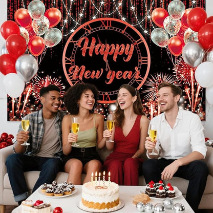 MEHOFOND Happy New Year Backdrop 2026 New Year Party Decorations Banner Red Sliver Black Happy New Year's Eve Banner White and red Balloons Glitter New Years Backdrop 6x3.6ft