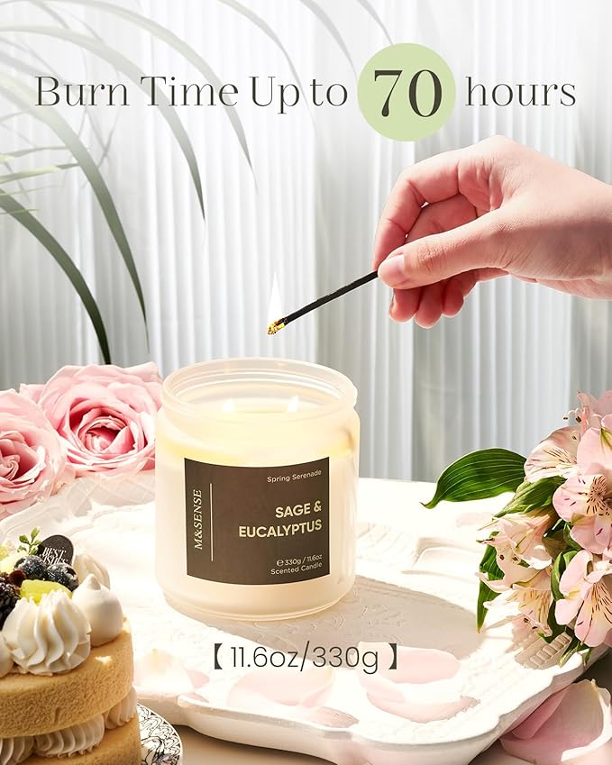 M&SENSE Eucalyptus Sage Summer Scented Candle - 11.6oz Natural Soy Wax Non Toxic Candle 70-Hour Long Lasting Burn Time, 2-Wick Home Decor Relaxation & Stress Relief