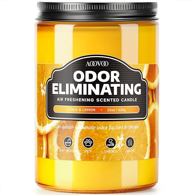 AOOVOO Citrus Lemon Odor Eliminating Highly Fragranced Candle - Eliminates 95% of Pet, Smoke, Food, and Other Smells Quickly, Air Freshing Soy Candle, 22 oz Up to 110 Hours Burn time