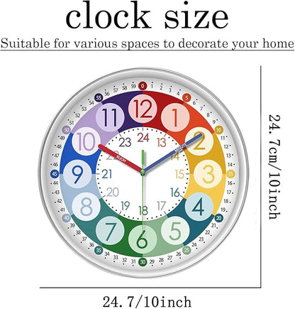 XFM Teaching Clocks Kids Colorful Small Wall Clock Battery Operated 10 Inch Silent Wall Clock Bedroom Analog Clock Teach Kids How Tell Time