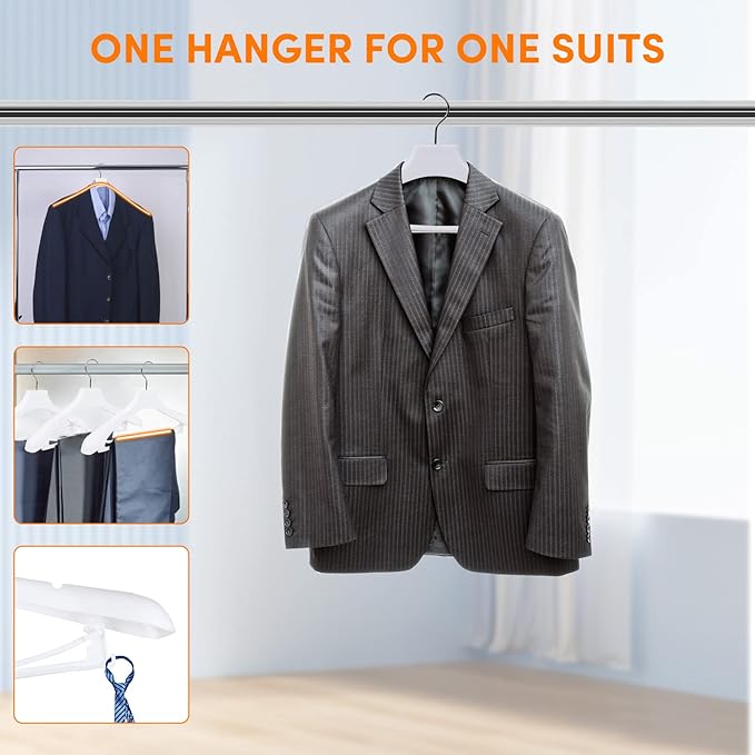 DEDU Suit Hangers for Men 40 Pack, White Coat Hangers Extra Wide Non Slip Width 17.7", Thick Plastic with Pants Bar & Metal Hook