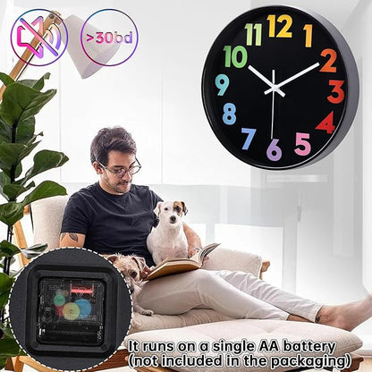 12 Inch Wall Clock for Kids Non Ticking Battery Operated Toddler Teaching Clock Silent Colorful Time Decorative Round Clock for Bedroom, Nursery Room, School, Home/Black