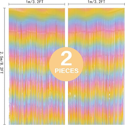 Pastel Rainbow Foil Fringe Curtains, 2Pcs 3.2x8.2ft Metallic Tinsel Foil Streamers Colourful Photo Booths Props Backdrop for Easter Princess Birthday Wedding Engagement Party Decorations