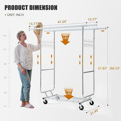 Heavy Duty Clothes Rack Load 620 LBS Metal Garment Clothing Rack Hang 300 pieces of clothing on Wheels Collapsible Rolling Portable & Adjustable Double Rod with Hook for Hanging Clothes