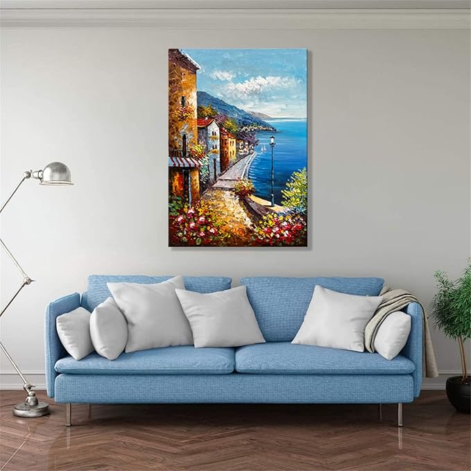 Alenoss Hand Painted Acrylic Large Abstract Modern Oil Paintings on Canvas 28x40 Inches Vertical Wall Art Mediterranean Sea Cityscape Blue Artwork Wall Decor Home Decorations