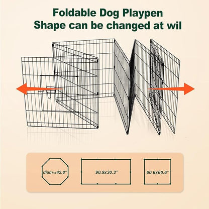 PJYuCien Dog Playpen - Metal Foldable Dog Exercise Pen, Pet Fence Puppy Crate Kennel Indoor Outdoor with 8 Panels 24”H & Bottom Pad for Small Medium Pets