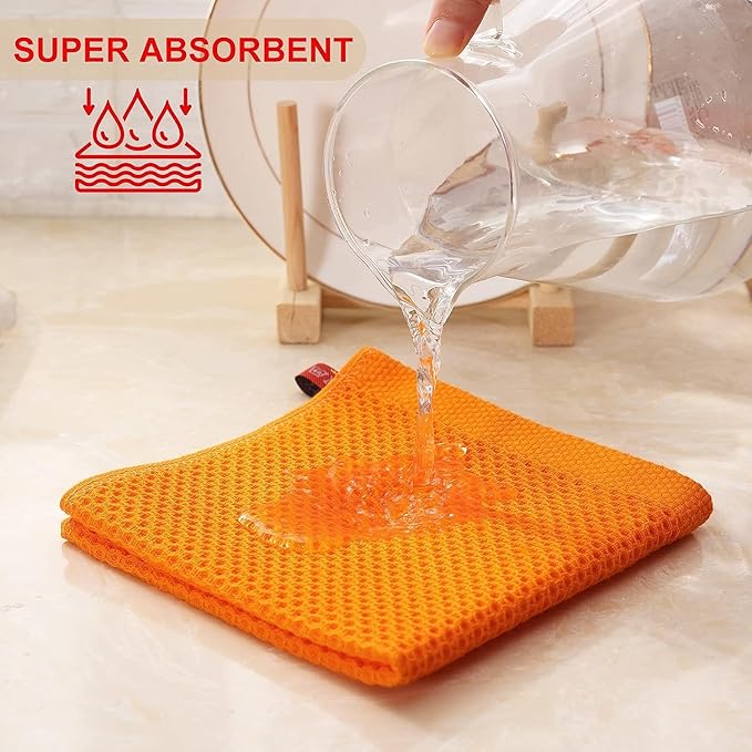 Kitinjoy 100% Cotton Kitchen Dish Cloths, 12 Pack Waffle Weave Ultra Soft Absorbent Dish Towels for Drying Dishes Quick Drying Kitchen Towels Dish Rags, 12 X 12Inch, Orange