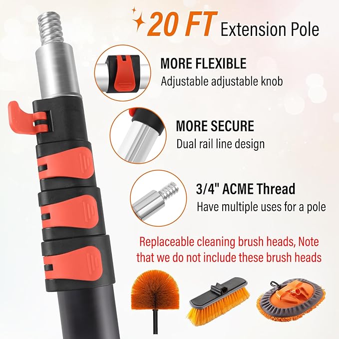 26FT High Window Cleaning Kit with Pole, 2 in 1 Window Squeegee for Window Cleaning,5-20FT Professional Window Cleaning Kit with Pole,180°Rotatable Squeegee for Indoor/Outdoor High Windows,Home,Car