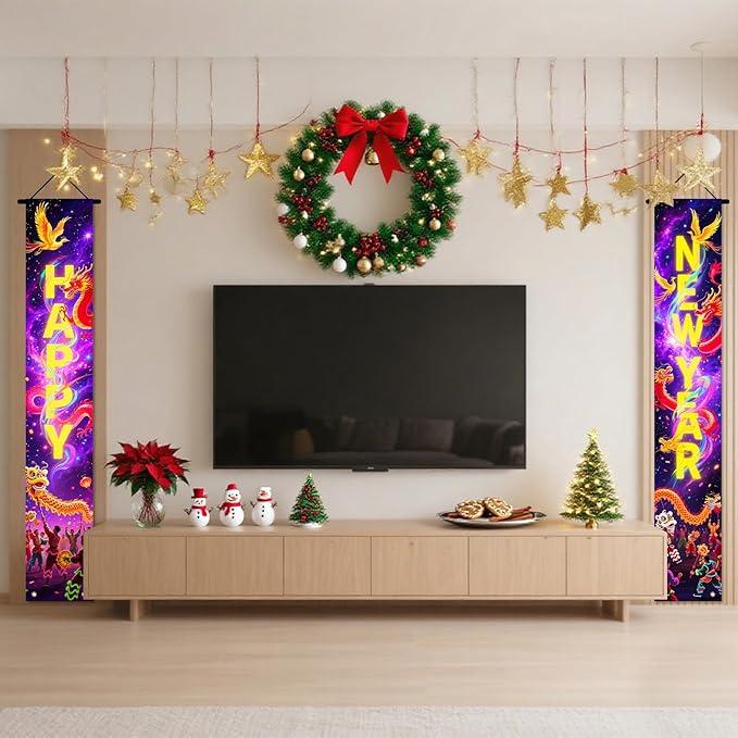 Nuxovilar Happy New Year Banner, 70.86" x 11.81" Purple Gold Fireworks Hanging Decorations for Outdoor Indoor Home Wall