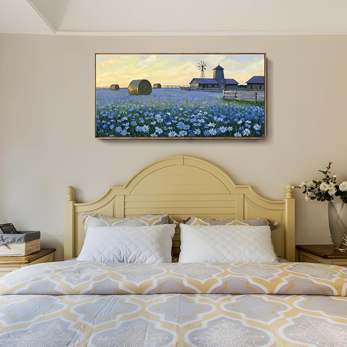 ARTZON Large Framed Wall Art for Living Room Farmhouse Blue Flower Barn Picture Country Sunset Floral Wildflower Landscape Canvas Print Nature Rustic Horizontal Artwork Bedroom Office Decor 48"×24"
