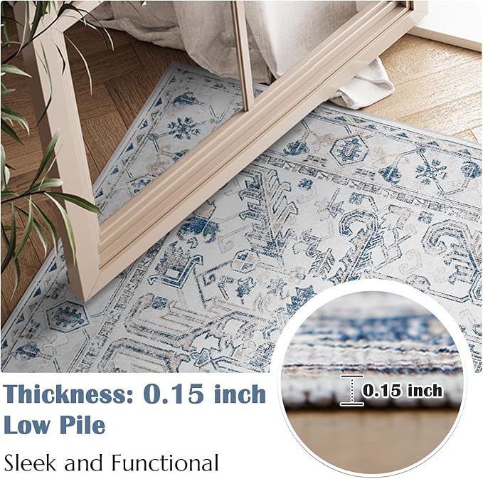 jinchan Kitchen Runner Rug 2x8-2pcs, Bohemian Hallway Washable Rug Floral Non Slip with Rubber Backing Vintage Carpet Runner for Bedroom Bathroom Laundry Room Living Room Decor Blue