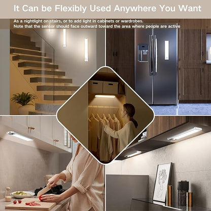Motion Sensor Under Cabinet Lighting-Magnetic Rechargeable Closet Lights for Kitchen,Stairs,Wardrobe | 3-Color Dimmable LED Under Counter Lighting | Cord-Free Light Bars (12inch-2Pack)