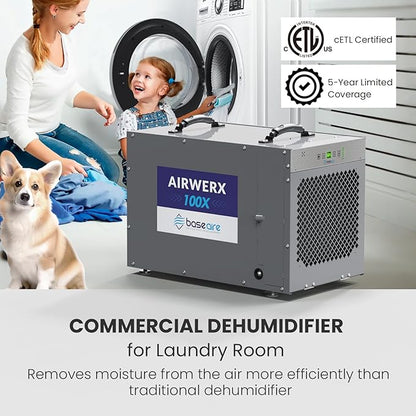 BaseAire 220 Pints Crawlspace Dehumidifiers with Pump and Drain Hose, Commercial Dehumidifier for Home,Garage and Basement, Large Capacity, Compact, Auto Defrost, Intelligent Control, Up to 2900 Sq Ft
