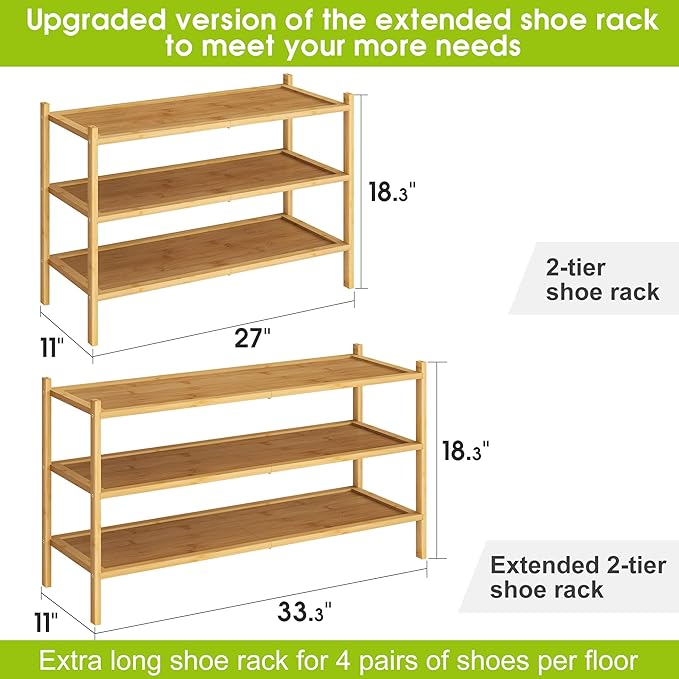 BMOSU 3-Tier Bamboo Extended Shoe Rack Premium Stackable Shoe Shelf Storage Organizer for Hallway Closet Living Room Entryway Organizer(Natural)