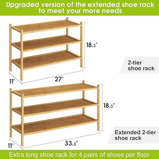 BMOSU 3-Tier Bamboo Extended Shoe Rack Premium Stackable Shoe Shelf Storage Organizer for Hallway Closet Living Room Entryway Organizer(Natural)