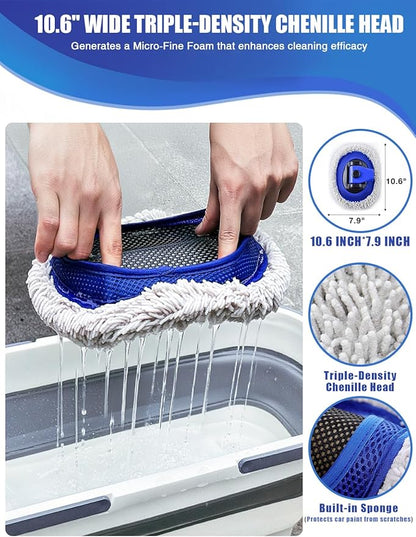 15°Curved Car Wash Brush with Long Handle Kit, 55-Inch 4-Section Extendable Pole with Replacement Head, Chenille Mitt, Tire & Wheel Hub Brushes, Towel, Storage Bag for Car, RV, Truck [Scratch Free]