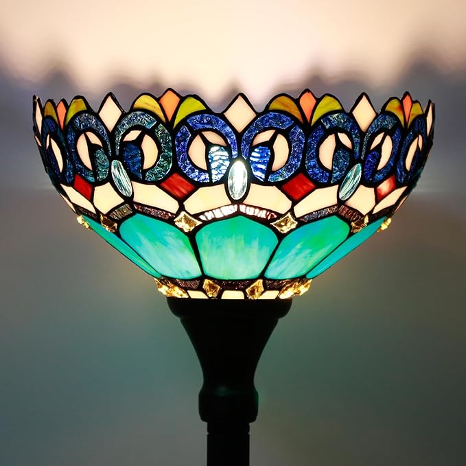 Tiffany Floor Lamp Torchiere Stained Glass Torch Lamp 12X12X67 Inch Antique Standing Corner Light (Blue Jewelry Baroque)