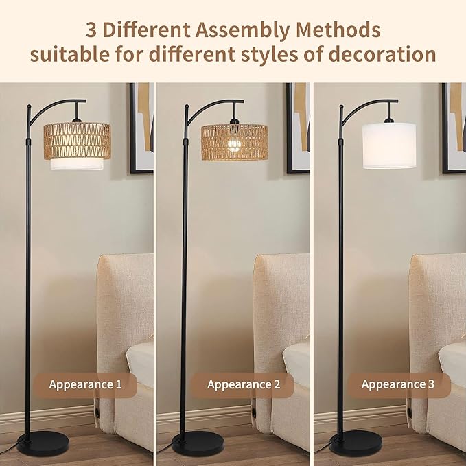 Arc Black Floor Lamp for Living Room with Remote,Dimmable LED Floor Lamp with 3 Color Temperature,Farmhouse Boho Standing Lamp with Rattan Wicker Shade,Adjustable Tall Lamp for Bedroom Office Corner