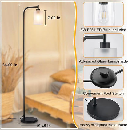 DLLT Floor Lamp Tall for Room: Black Standing Lamp with Frosted Glass Lampshade for Living Room - Modern Bright Lamp for Bedroom - Industrial Corner Floor Lamps for Office 8W Led Bulb Included
