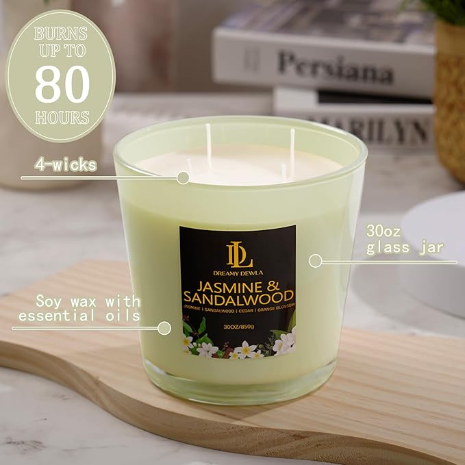 Large Candle Jasmine & Sandalwood Scented, 4 Wick Natural Soy Candles for Home Scented, 30oz Big Candle Long Lasting, Home Aromatherapy Candles Housewarming Valentine's Day Gift for Women Men