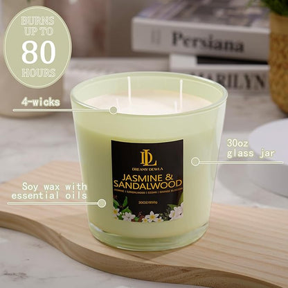 Large Candle Jasmine & Sandalwood Scented, 4 Wick Natural Soy Candles for Home Scented, 30oz Big Candle Long Lasting, Home Aromatherapy Candles Housewarming Valentine's Day Gift for Women Men