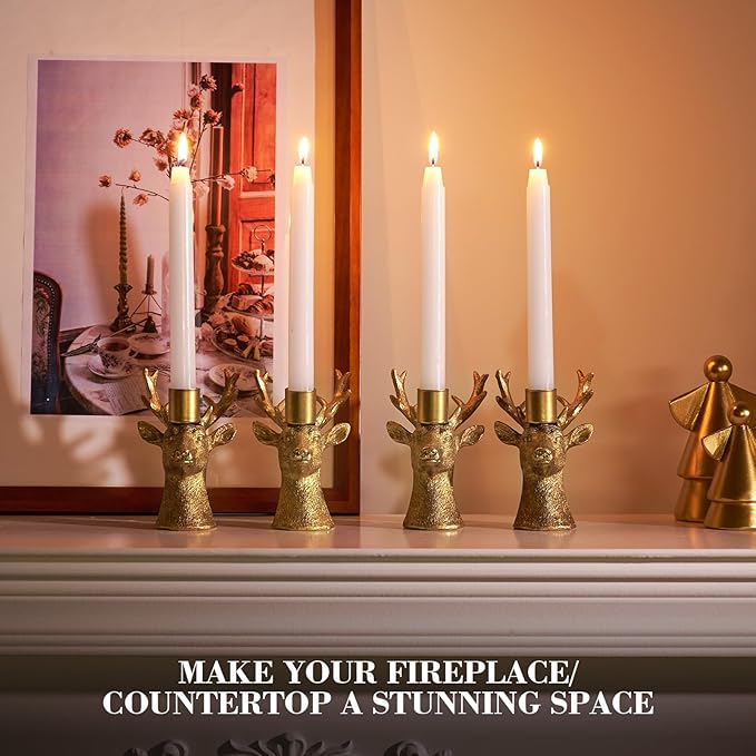 Candlestick Holders Vintage Reindeer Candle Holders, Brass Gold Deers Candle Stick Holders Set of 4 for Table Centerpiece, Mantel & Dining Table Wedding Decor, Festive Christmas Home Decoration