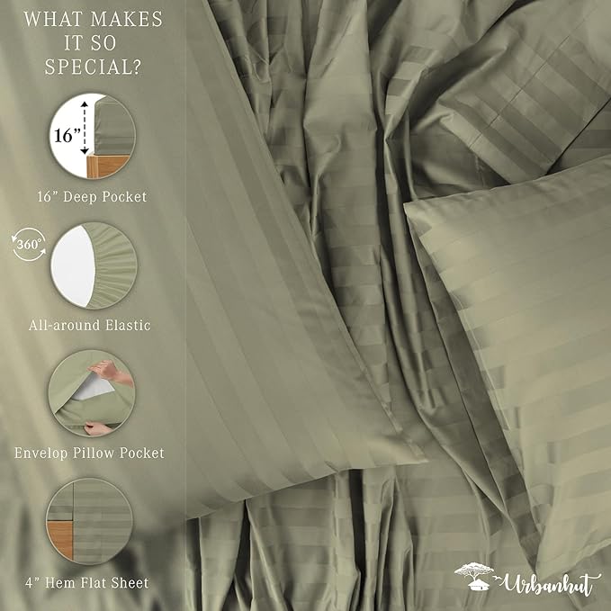 URBANHUT 800 Thread Count Egyptian Cotton Damask Striped Queen Size Sheets Set (4 Pc) - Ultra Soft & Smooth, Sateen Weave Queen Size Sheets, Luxury Hotel Sheets with 16" Deep Pocket - Sage