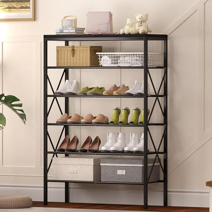 6 Tiers Shoe Rack, Large Capacity Shoe Rack Holds 32 Pairs of Shoes, Durable and Stable, Adjustable Metal Shelf Stackable Shoe Shelf for Entryway, Hallway, Living Room, Closet