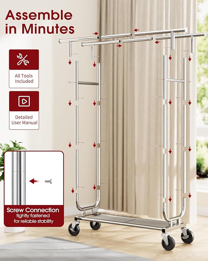 Stainless Steel Rolling Clothes Rack with Mesh Shelf, Lockable Wheels & Anti-Slip Stoppers, Freestanding Clothing Organizer for Bedroom, Laundry Room, 43.5" x 16.5" x 65.9", Silver