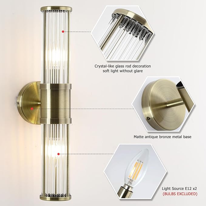 JOOSENLUX 2 Light Bathroom Vanity Light Fixture, Antique Bronze Wall Sconce Set with E12 Base and Glass Rod Design – Decorative Lighting for Bathroom Mirror, Powder Room, Hallway, Bedroom