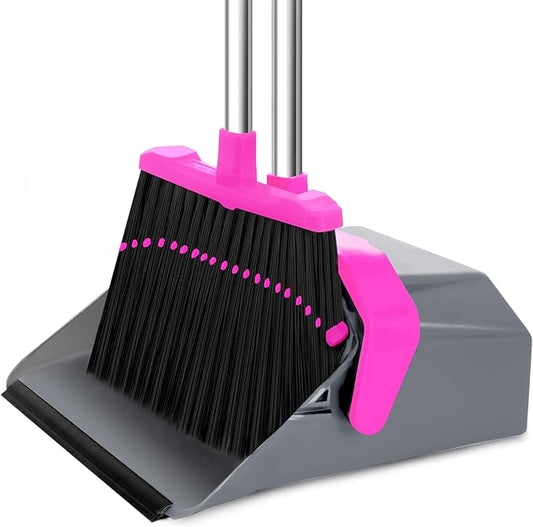 Stand Up Broom and Dustpan Set, Sturdy and Adjustable Dustpan with 51'' Long Handle, Heavy Duty Broom with Standing Dust Pan for Kitchen Garage Looby Pet Dog Hair - Rose Red